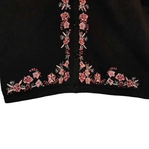 Kate Hill Cardigan Sweater Womens Petite PXS Black Embroidery VNeck Button Front - Picture 5 of 7